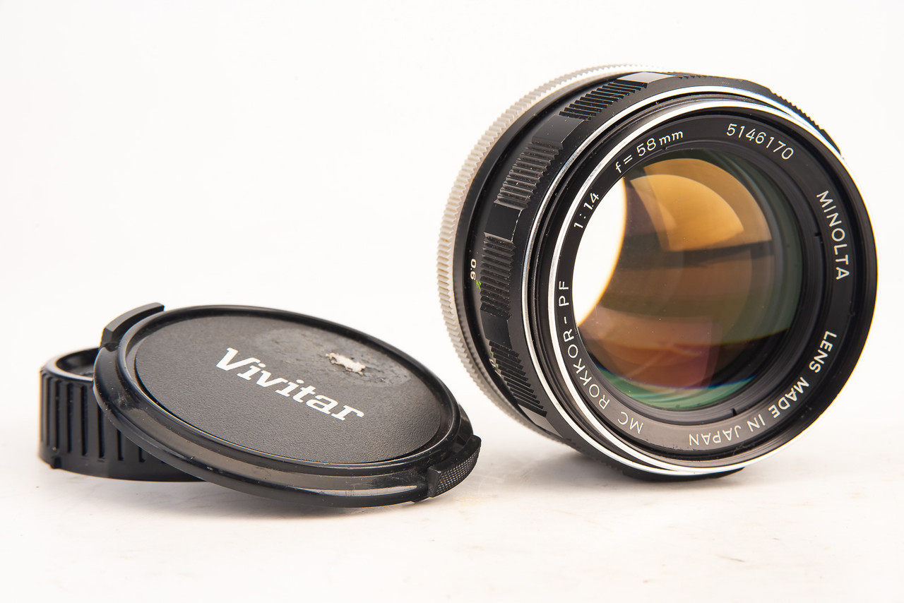 Minolta MD Mount MC Rokkor-PF 58mm f/1.4 Manual Focus Prime Lens with Caps  V25