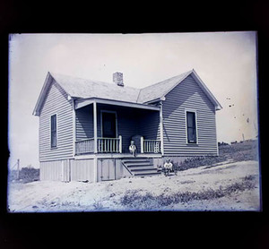 Antique 5x7 Inch Plate Glass Negative Of Boys Sitting Outside Of Small House V38