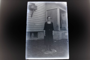 Antique 5x7 Inch Plate Glass Negative Of A Woman Standing In Backyard V32