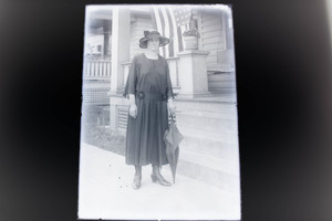 Antique 5x7 Inch Plate Glass Negative Of Woman Outside House Old Flag Patriotic