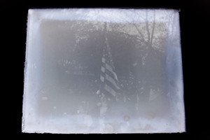 Antique 5x4 Inch Plate Glass Negative Group Of People Holding American Flags V34