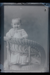 Antique 5x7 Glass Plate Negative Baby Standing On Chair Dressed Fancy E10