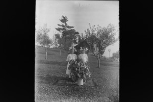 Antique 4x5 Inch Plate Glass Negative Of Two Girls Standing With A Plant E13