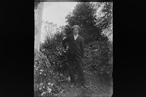 Antique 4x5 Inch Plate Glass Negative Of A Young Man Standing Outside E14
