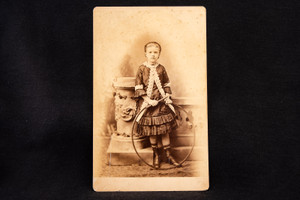 Girl Holding Rolling Trundling Hoop Antique Photo Studio Cabinet Card Sepia V12