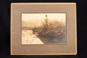 Woman on Farm Feeding Ducks in Pond Antique Photo Cabinet Card V13