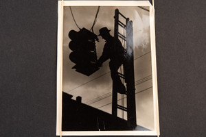 Traffic Light Being Repaired by City Worker Vintage Black & White Photo V14