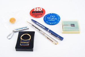 Collection of Olympus Camera Advertising Key Chain Tie Tack Pins Pens V13