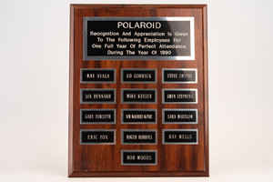 Polaroid 1990 Perfect Attendance Wooden Office Lobby Plaque Vintage V23