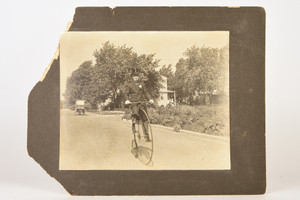 Late 1800s Mounted Silver Gelatin Print 14x11'' - Man Riding Penny-Farthing V26