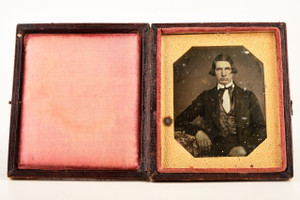 Very Early Daguerreotype Young Gentleman w Long Hair in 1/6 Plate Wood Case V23