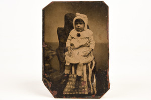 Tintype Photo 2⅜x3½" - Child Studio Portrait w Ghost Mother & American Flag V28