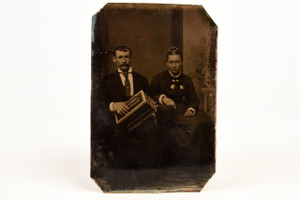 Tintype Photo 2¼x3½" - Victorian Lady & Man Holding Concertina Instrument V22