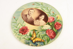 Early 1900s Round Celluloid Photo Frame 9" - Portrait of Victorian Couple V28