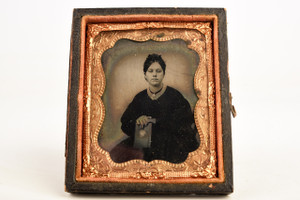 Tintype Photo of Victorian Lady Holding Book in Half a 1/9 Plate Case V25