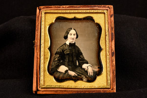 1850s Hand Tinted Daguerreotype Woman Pink Cheeks 1/2 Floral Case 1/6 Plate V39