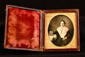 1840s 1/6 Plate Daguerreotype Photo Young Woman with Books Floral Case V32