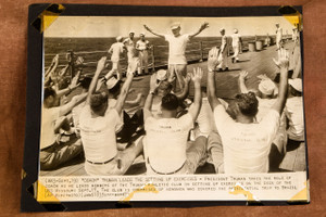 Truman Leads Exercise Aboard USS Missouri 9⅜x7 1947 AP Wire Photo V37