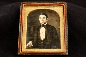 Daguerreotype Man w/ Chinstrap Beard & Chain in Half Case 1/6 Plate Antique V34