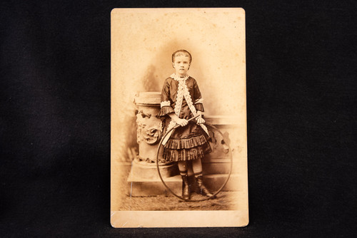 Girl Holding Rolling Trundling Hoop Antique Photo Studio Cabinet Card Sepia V12