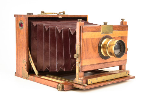 E. Lorillon Folding 18x13cm Plate Camera with Brass Lens Antique V29