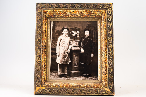 Antique Wood Picture Frame 12¼x14½ with Print of 2 Asian Women V28