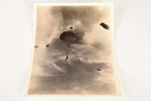 1944 10x8'' Gelatin Silver Photo - US Navy Blimp & Parachuters Lakehurst NJ V23