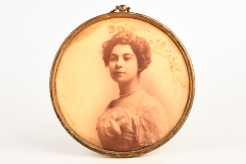 Early 1900s Round Celluloid Photo Frame 6" - Portrait of Victorian Lady V26