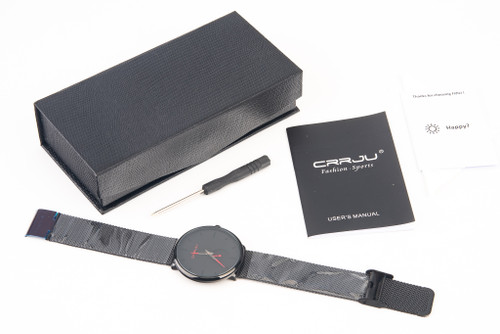 Mens CRRJU Minimalist Wrist Watch Stainless Steel Black Band 2150 NEAR MINT V28