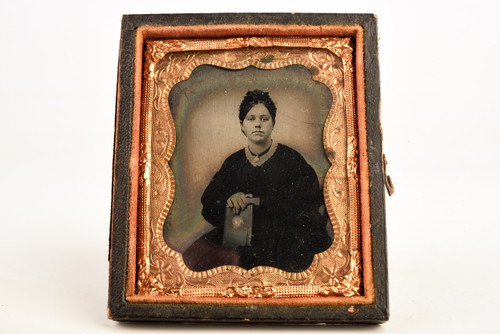 Tintype Photo of Victorian Lady Holding Book in Half a 1/9 Plate Case V25