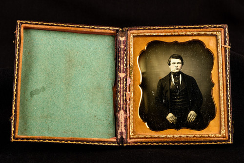 Daguerreotype Photo Handsome Young Gentleman Thistle Floral Case 1/6 Plate V25