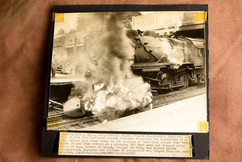 1947 AP Wire Photo Mineola NY Long Island Rail Road Train Truck Crash Fire V30