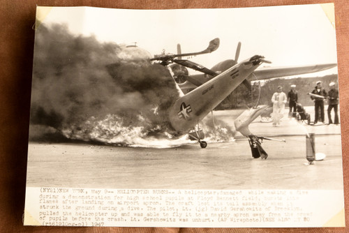 Floyd Bennett Field New York Helicopter Crash Fire AP Wire Photo 1947 V38