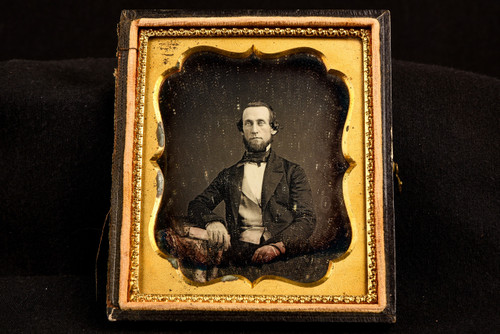Daguerreotype Photo Bearded Gentleman with Books Bow Tie 1/6 Plate 1850s V38