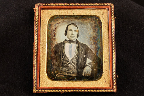Daguerreotype Seated Man in Patterned Vest with Half Case 1/6 Plate Antique V37