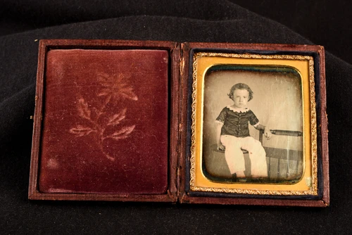 Daguerreotype Curly-Haired Child Seated Full Floral Case 1/6 Plate Antique V38