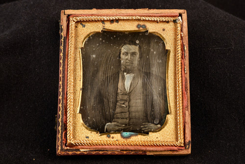 Daguerreotype Man with Vest & Bow Tie in Floral Half Case 1/6 Plate Antique V36