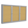 3 Door Enclosed Natural Cork Bulletin Board With Satin Aluminum Frame, 72 X 48, Tan Surface