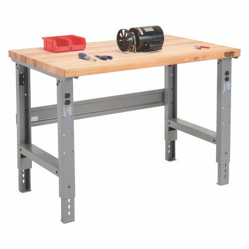 Standard Duty Butcher Block Top Adjustable Height Workbench, 48 X 30 X 30.88 To 36.88, Gray