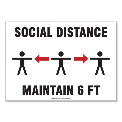 Social Distance Signs, Wall, 10 X 7, "social Distance Maintain 6 Ft", 3 Humans/arrows, White, 10/pack