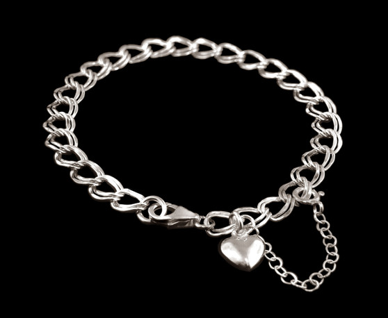 larger double link heart charm bracelet, traditional heart charm bracelet, chain heart charm bracelet