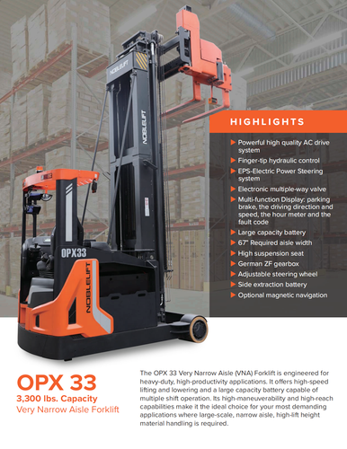 NOBLELIFT OPX33 — 3,300-Lb Very Narrow Aisle Forklift