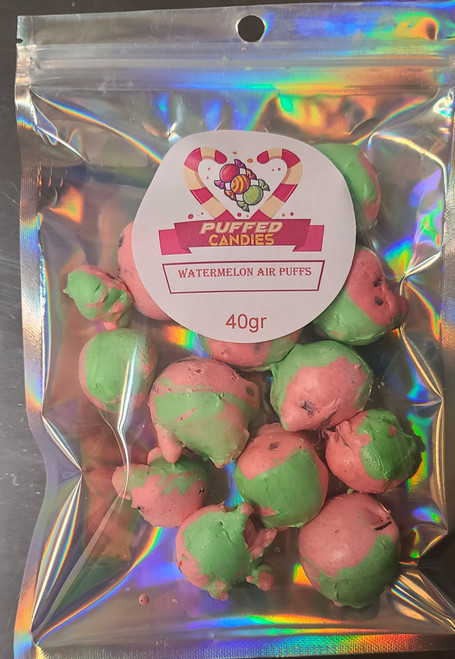 NourishNGo freeze-dried watermelon taffy, Watermelon Air Puffs.  Refreshing taste of summer watermelon.