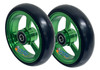 4" X 1" Aluminum 3 Spoke Wheel, Green Rim / Soft Urethane Tire with 5/16" bearings.