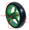 5" X 1" Aluminum 3 Spoke Wheel, Green Rim / Soft Urethane Tire with 5/16" bearings.