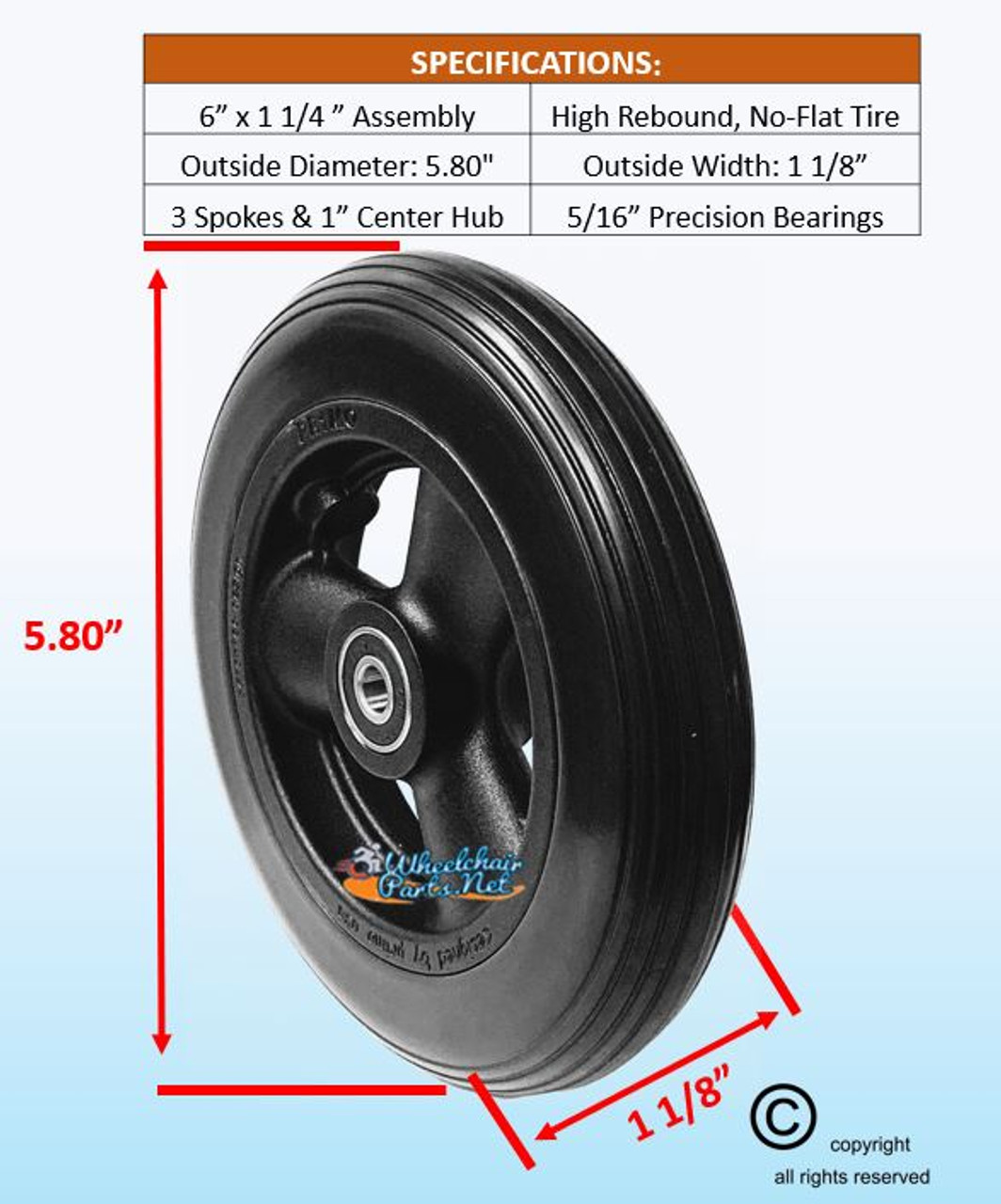 CW112 6 x 1 1/4" Hollow Spoke Caster Wheel Urethane Rib Tire. Sold as Pairs.