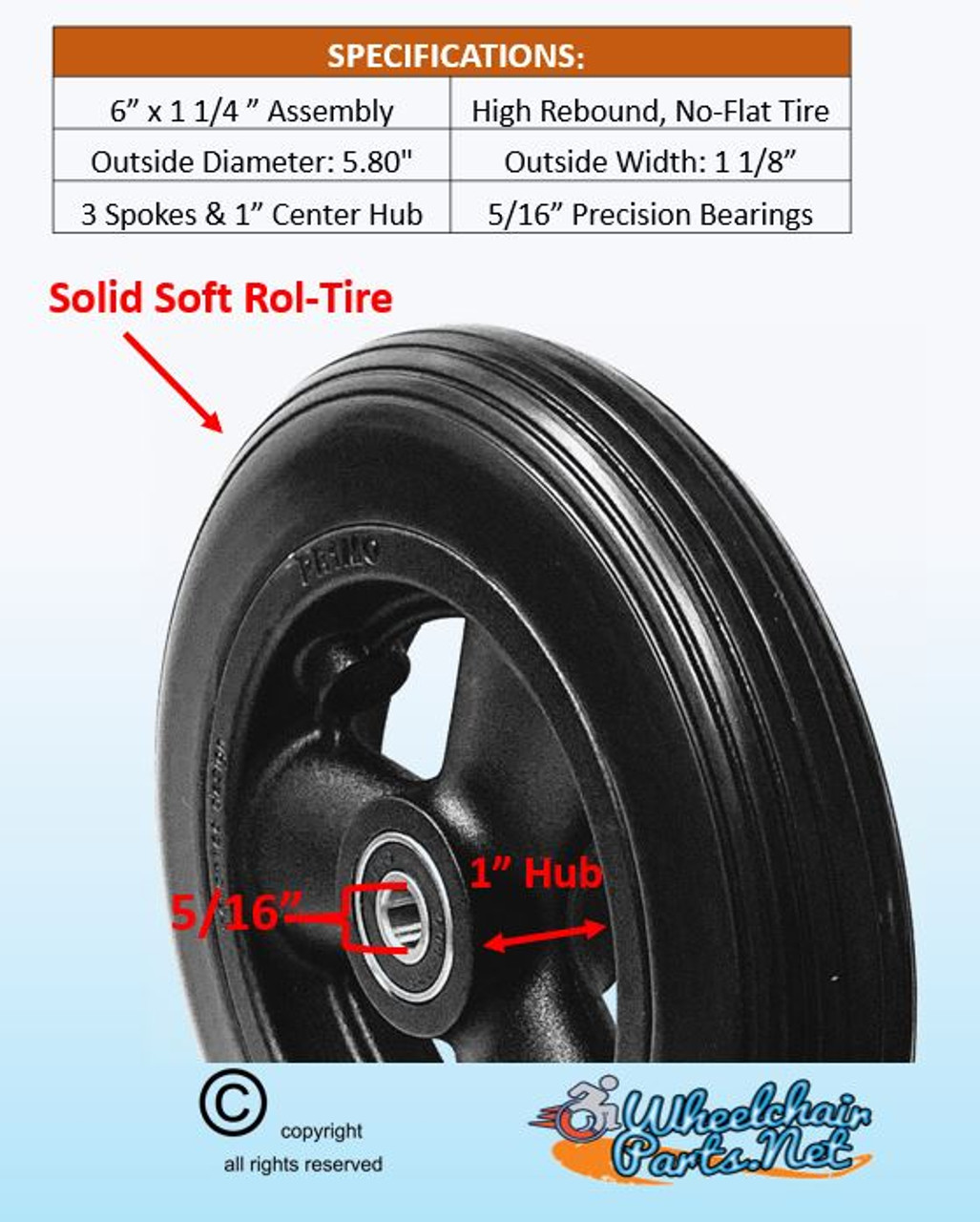 CW112 6 x 1 1/4" Hollow Spoke Caster Wheel Urethane Rib Tire. Sold as Pairs.