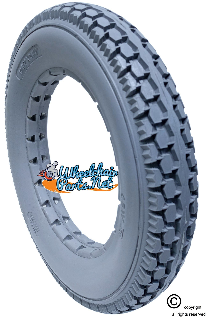 12 1/2 x 2 1/4" Solid Polyurethane Tire, Light Grey Color & Knobby Tread. Sold as each.