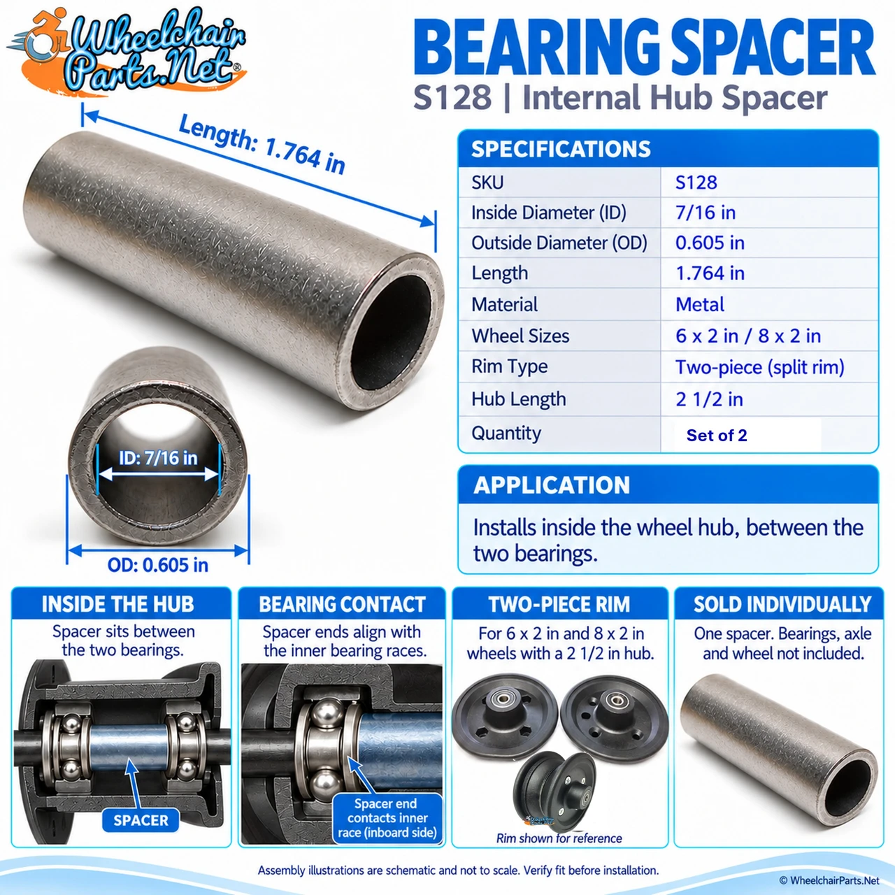 7/16" ID x 0.605" OD x 1.764" Long Bearing Spacer | Set of 2
