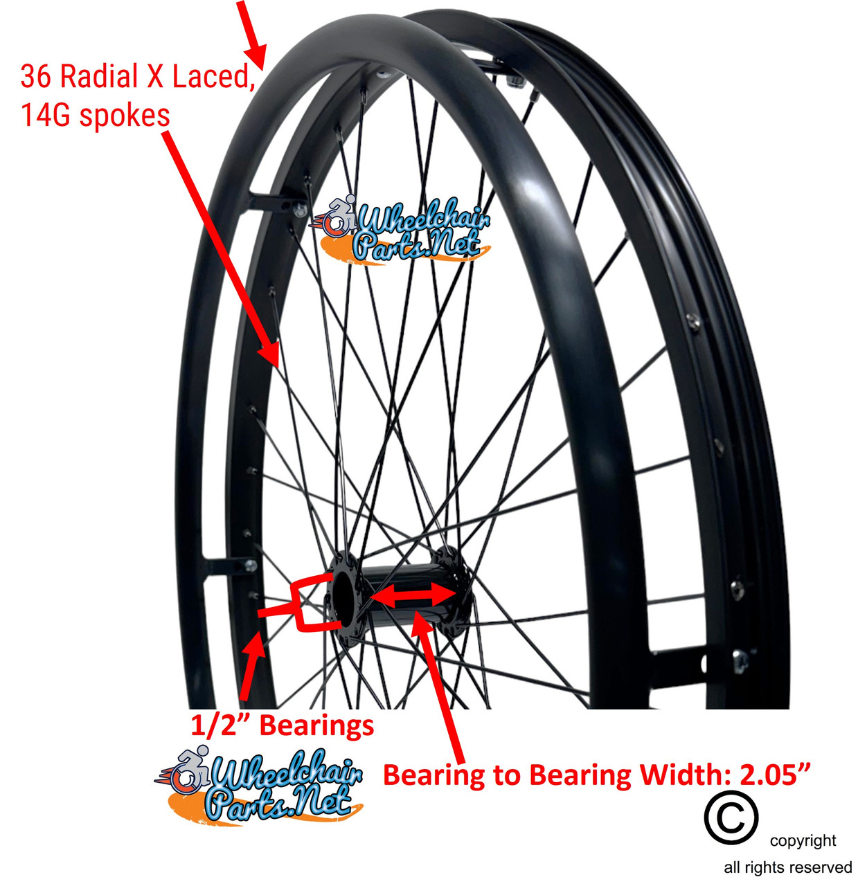 24" (540mm) 36 Spokes Rim With Pushrims Only. TIRES NOT INCLUDED. Pair